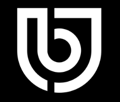 A modern, abstract logo featuring a combination of curved and straight lines on a black background.